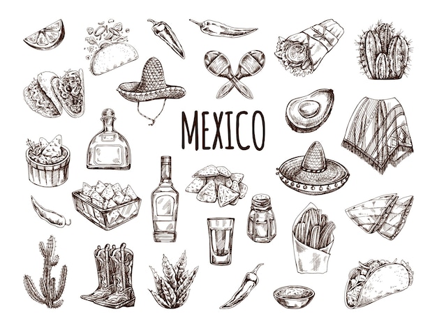 Conjunto dibujado a mano de elementos mexicanos realistas dibujos vintage de la cultura latinoamericana