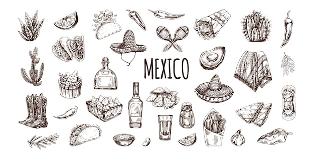 Conjunto dibujado a mano de elementos mexicanos realistas dibujos vintage de la cultura latinoamericana