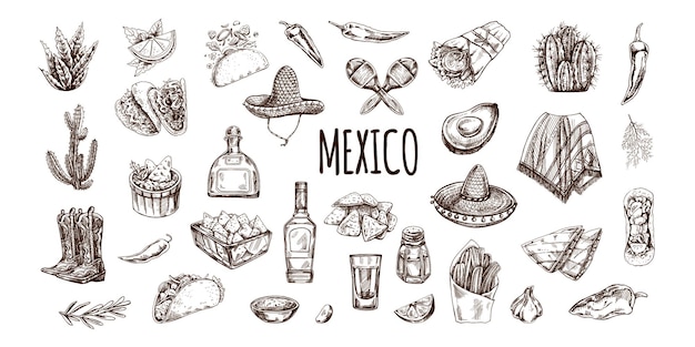 Conjunto dibujado a mano de elementos mexicanos realistas dibujos vintage de la cultura latinoamericana
