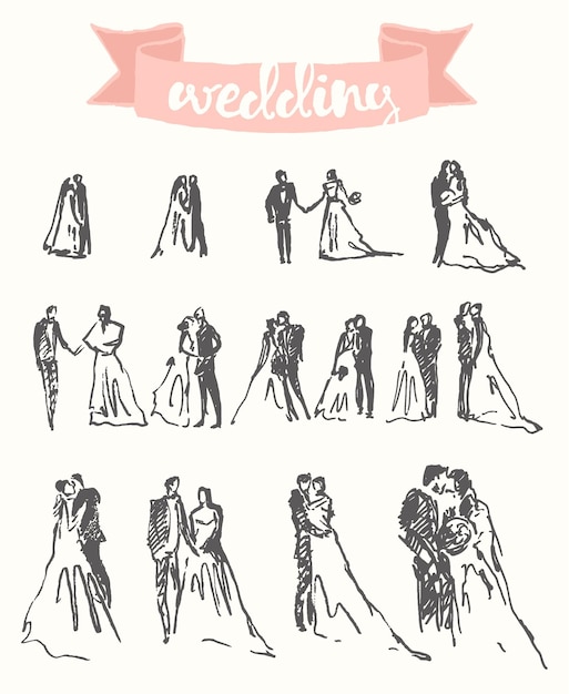 Conjunto dibujado a mano de feliz novia y novio, ilustración vectorial, boceto