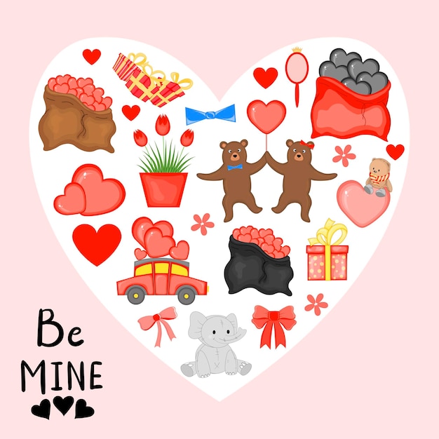 Conjunto dibujado a mano de fiesta Elementos de decoración de fiesta Tema del día de San Valentín Ilustración vectorial aislada en corazón blanco