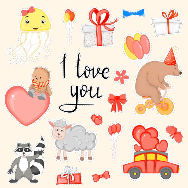 Conjunto dibujado a mano de fiesta Elementos de decoración de fiesta Tema del día de San Valentín Ilustración vectorial aislada sobre fondo claro
