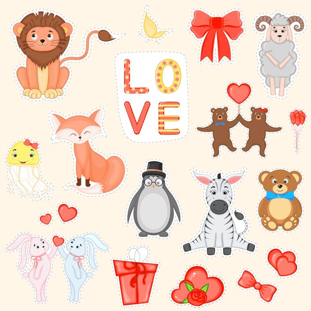 Conjunto dibujado a mano de fiesta Elementos de decoración de fiesta Tema del día de San Valentín Ilustración vectorial aislada sobre fondo claro