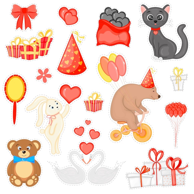 Conjunto dibujado a mano de fiesta Elementos de decoración de fiesta Tema del día de San Valentín Ilustración vectorial aislado sobre fondo blanco