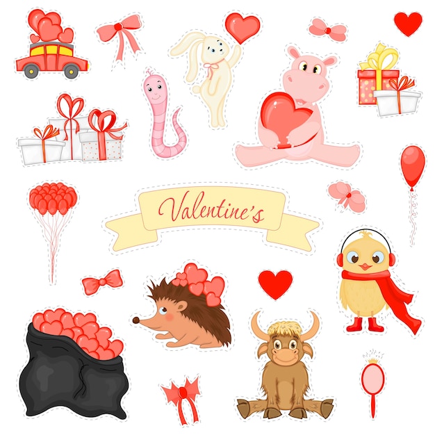 Conjunto dibujado a mano de fiesta Elementos de decoración de fiesta Tema del día de San Valentín Ilustración vectorial aislado sobre fondo blanco
