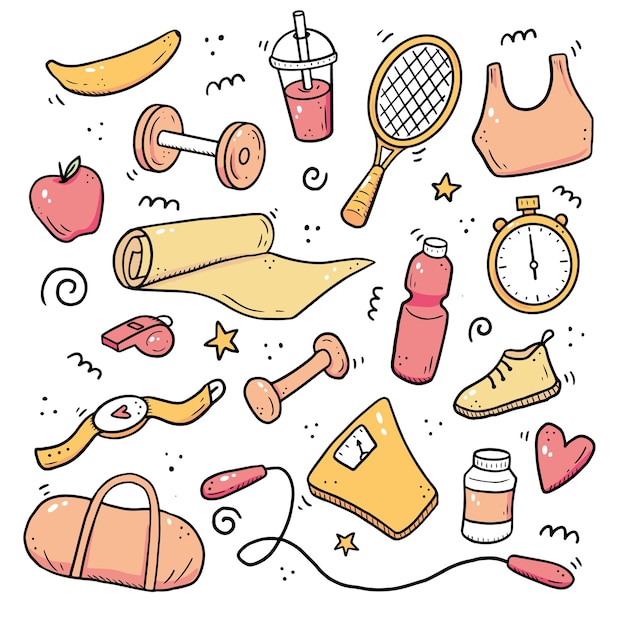 Conjunto dibujado a mano de fitness, equipos de gimnasia, concepto de estilo de vida de actividad. Estilo de dibujo Doodle. Conjunto de elementos deportivos