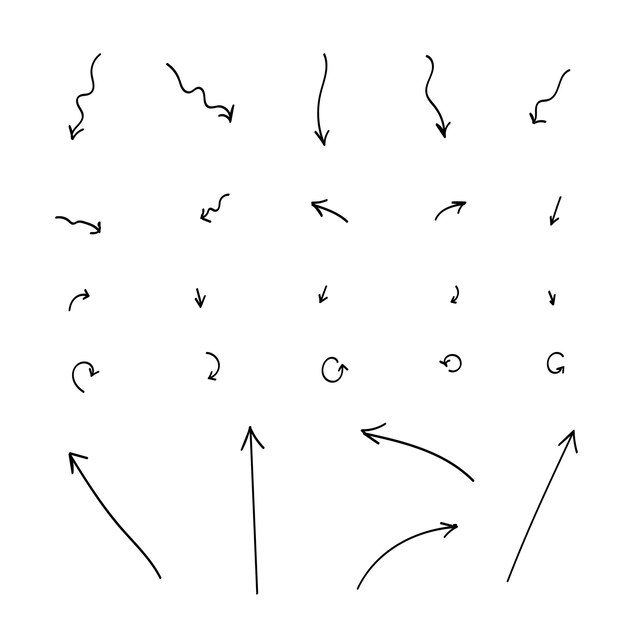 Conjunto dibujado a mano flechas diferentes Varias direcciones. Estilo garabato. ilustración vectorial
