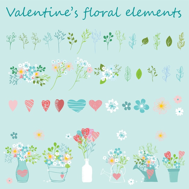 Conjunto de dibujado a mano floral de San Valentín. Perfecto para el día de San Valentín, pegatinas, cumpleaños, guardar la fecha de invitación.