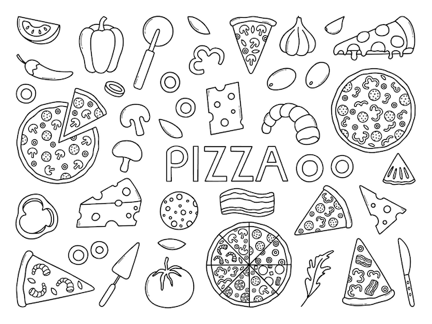 Conjunto dibujado a mano de garabato de pizza Diferentes rebanadas de pizza en estilo boceto