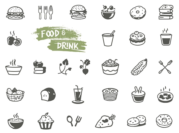 Conjunto dibujado a mano de garabatos de ingredientes de comida saludable con letras en vector