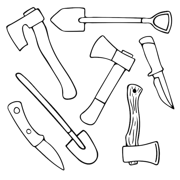 Conjunto dibujado a mano con hachas de garabato palas y cuchillos instrumentos de jardín conjunto de herramientas de camping vectorial esquema