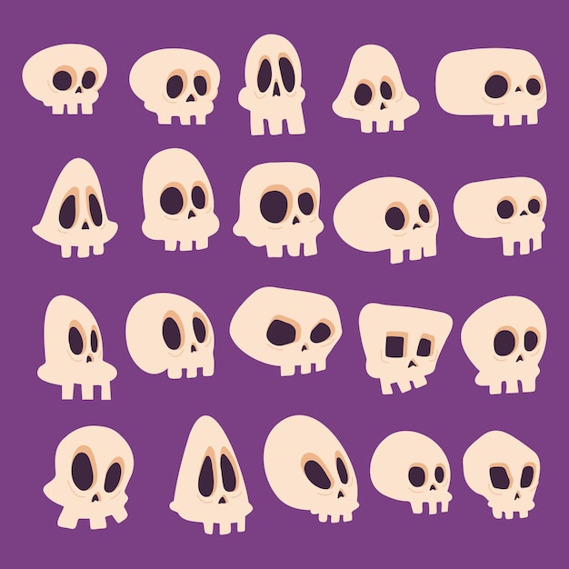 Conjunto dibujado a mano de Halloween Cute Spooky Scary Skull Head Objetos Elementos de carácter