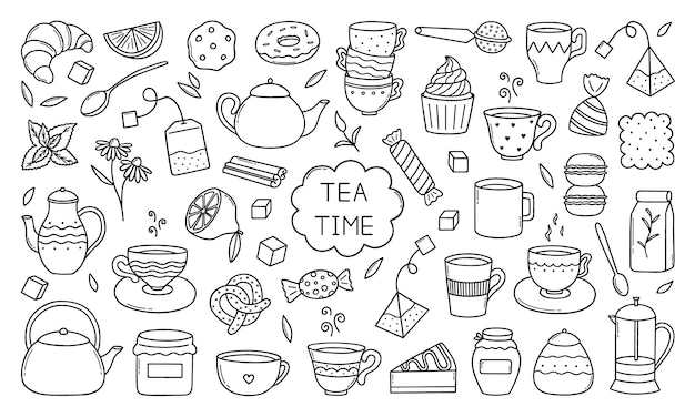 Vector conjunto dibujado a mano de iconos de doodle de la hora del té teteras tazas de limón y dulces en el estilo de dibujo ilustración vectorial aislado sobre fondo blanco