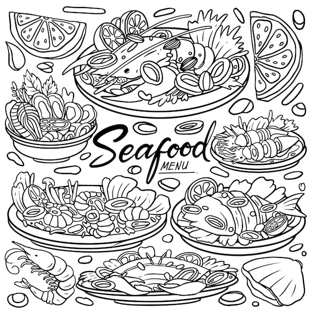 Conjunto dibujado a mano de ilustración de mariscos langosta cangrejo ostra mejillón calamar y camarones Garabatos de mariscos aislados sobre fondo blanco Ilustración vectorial