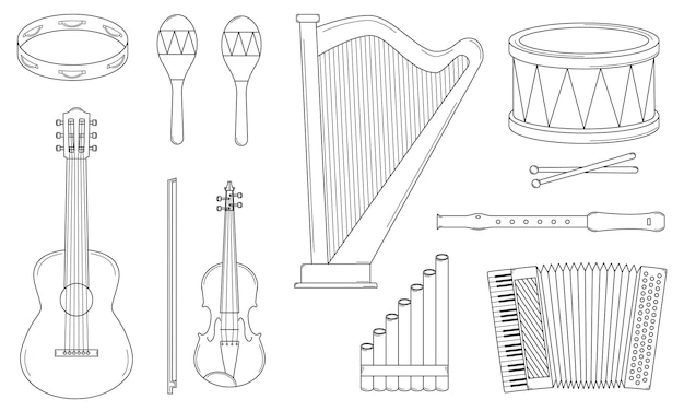 Conjunto dibujado a mano de instrumentos musicales instrumentos de viento y  percusión de cuerda ilustración vectorial | Vector Premium