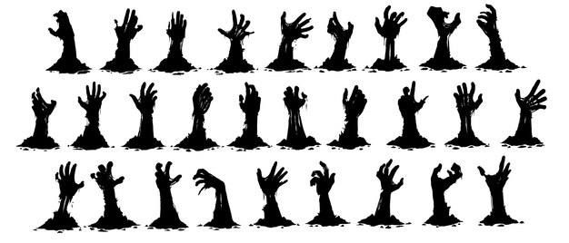 Conjunto dibujado a mano de manos de zombis de silueta vectorial saliendo del suelo sobre un fondo blanco