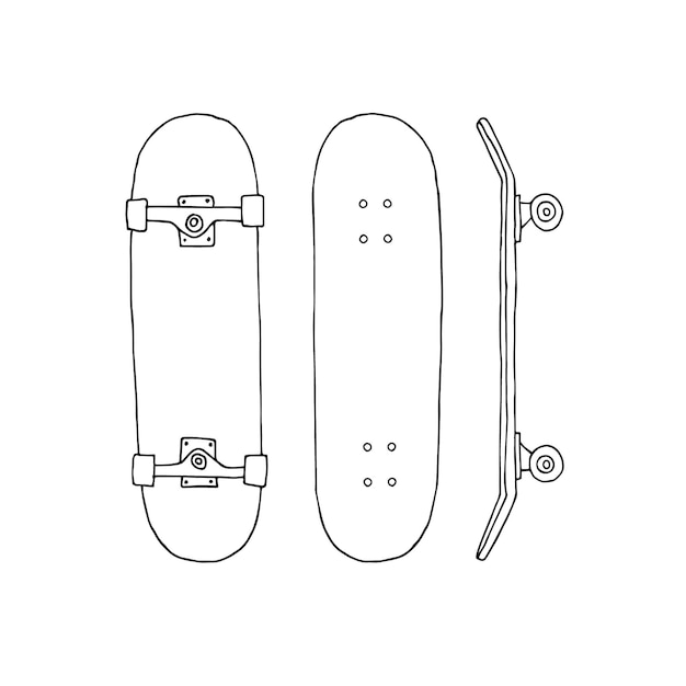 Conjunto dibujado a mano de monopatín aislado sobre fondo blanco