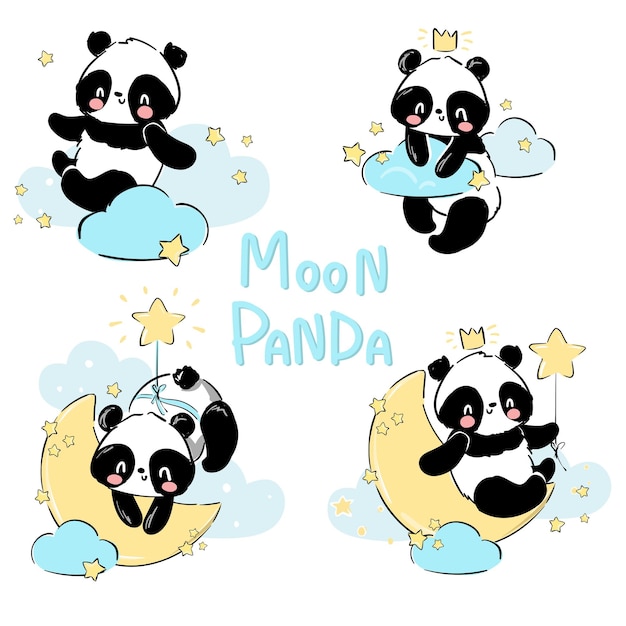 Conjunto dibujado a mano Panda y luna Impresión infantil para pijamas Ilustración vectorial