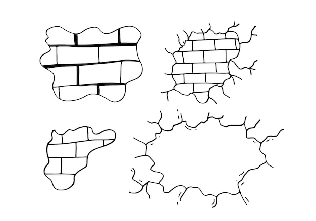 Vector conjunto dibujado a mano de paredes de ladrillo agrietadas ilustración vectorial