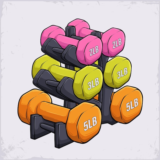 Conjunto dibujado a mano de pesas coloridas recubiertas de neopreno para entrenamiento de fitness
