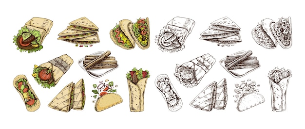 Conjunto dibujado a mano de platos y productos mexicanos realistas dibujos de bocetos vintage de América Latina