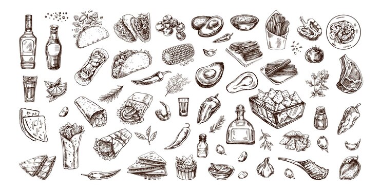 Vector conjunto dibujado a mano de platos y productos mexicanos realistas dibujos de bocetos vintage