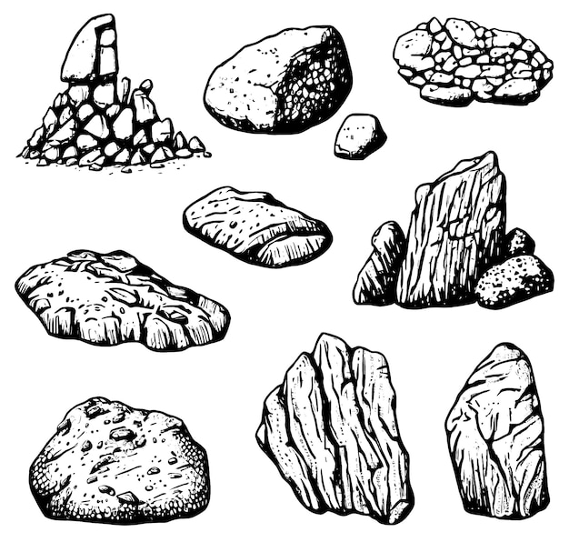Vector conjunto dibujado a mano de rocas y piedras
