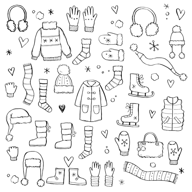 Conjunto dibujado a mano de ropa de invierno y accesorios: gorro, bufanda, abrigo, manopla, zapatos, suéter. doodle de estilo de dibujo para niños, diseño navideño. ilustración de vector aislado.