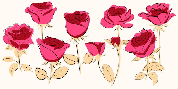 Conjunto dibujado a mano de rosas rojas Siluetas de inflorescencia de flores rosas rojas de línea negra aisladas en blanco