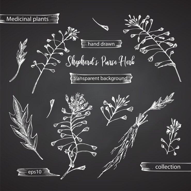 Vector conjunto dibujado a mano de shepherds purse raíces y flores en estilo de tiza blanca aislado sobre fondo negro diseño gráfico vintage retro estilo de grabado de dibujo de boceto botánico
