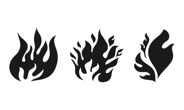 Conjunto dibujado a mano del símbolo del icono de la llama de fuego aislado en la ilustración vectorial de fondo blanco
