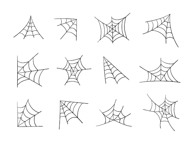 Conjunto dibujado a mano de telaraña Elementos aterradores de telaraña de Halloween para decoración Ilustración vectorial de contorno
