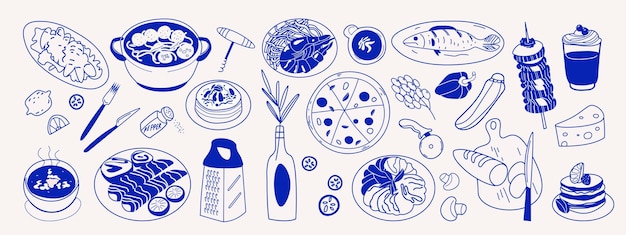 Conjunto dibujado a mano de varias comidas y bebidas mediterráneas Ilustración vectorial