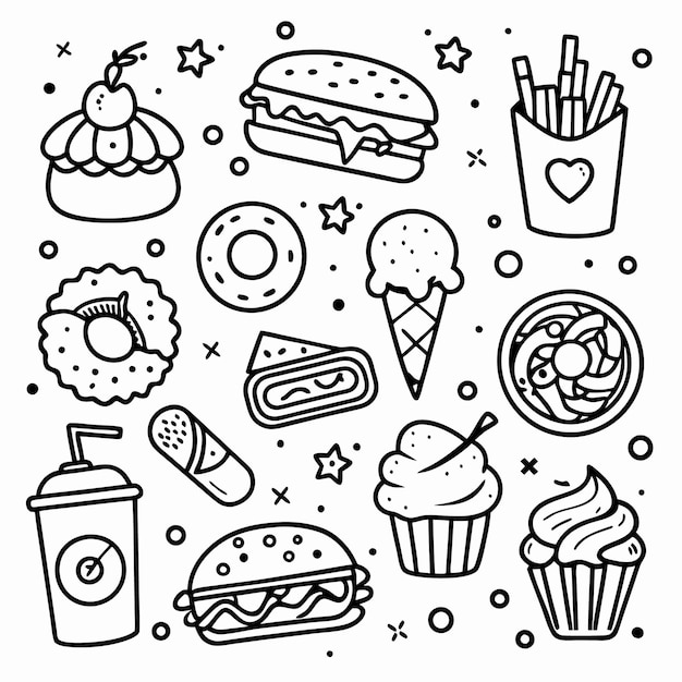 Conjunto dibujado a mano de varios iconos de comida como hamburguesas fritas, pasteles y helados