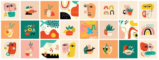 Conjunto de dibujados a mano varias caras, formas y objetos de doodle. Ilustración de vector moderno contemporáneo abstracto.