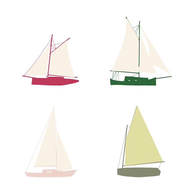 Conjunto de dibujo de barco de pesca aislado en blanco Barcos pequeños en lindo diseño plano estilo juguete para niños