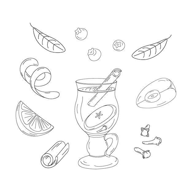 Conjunto de dibujo de contorno de una copa de vidrio con vino caliente canela rodaja de manzana y clavo de olor EPS