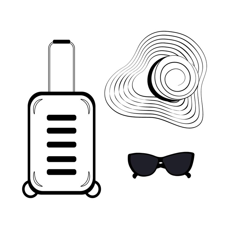 Vector conjunto de dibujo de contorno de un sombrero con ala ancha y tiras alrededor de gafas de sol y maleta de viaje