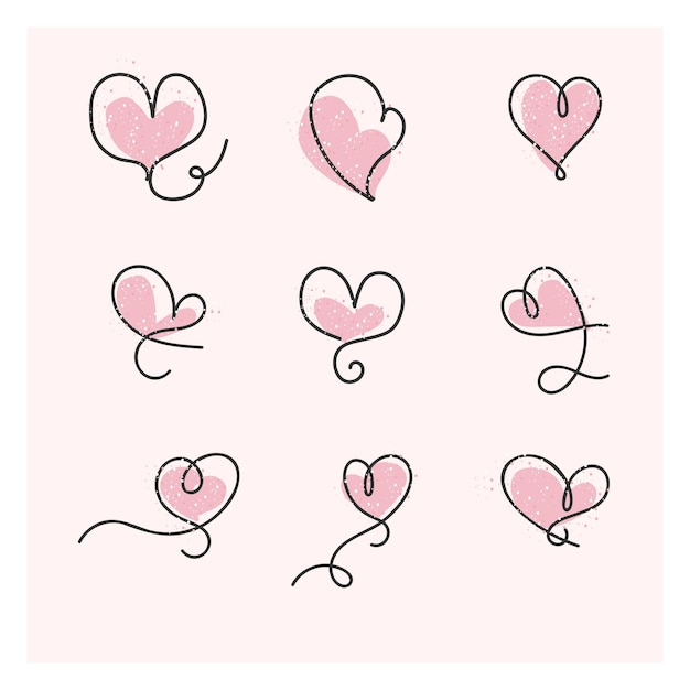 Conjunto de dibujo lineal de corazones en estilo lindo vector de corazón