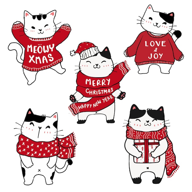 Conjunto de dibujo a mano lindo gato gatito de navidad