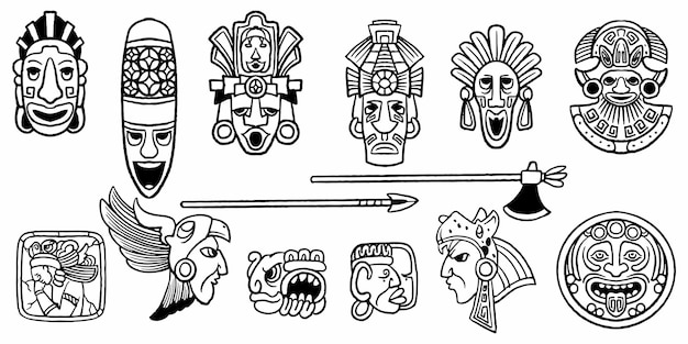 Conjunto de dibujo de símbolo antiguo maya de máscara facial