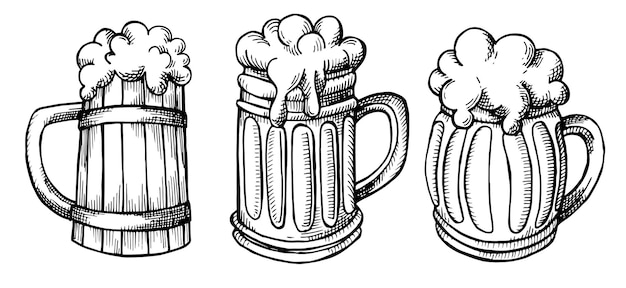 conjunto de dibujo vectorial de jarras de cerveza en una ilustración vintage de estilo boceto sobre el tema del festival de octubre