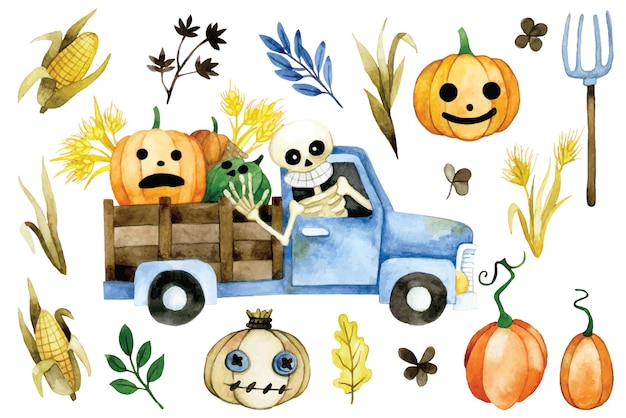 conjunto de dibujos de acuarela de lindos personajes y elementos para la decoración de vacaciones de halloween para niños