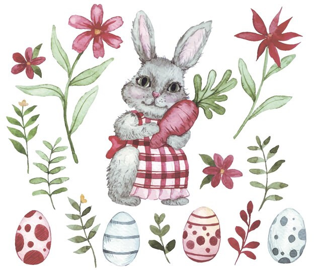 conjunto de dibujos en acuarela para Pascua conejo lindo en un vestido huevos de Pascua hojas y flores vintage