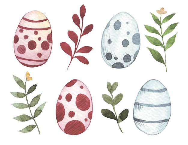 conjunto de dibujos en acuarela para Pascua huevos de Pascua hojas y flores ilustración vintage