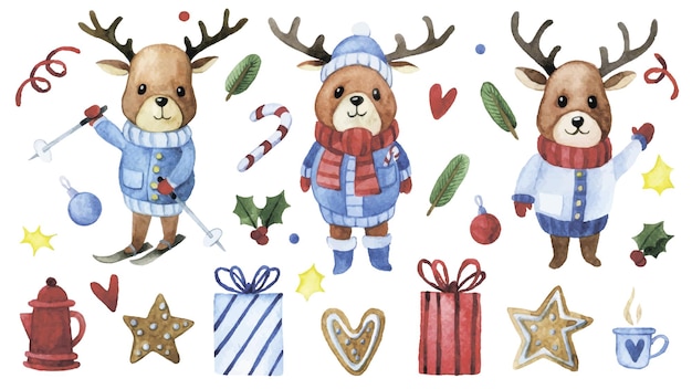 conjunto de dibujos en acuarela de personajes de ciervos de Navidad decoraciones de vacaciones invierno año nuevo