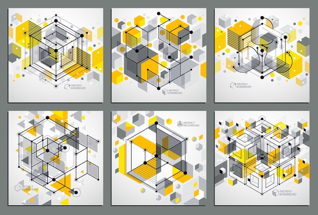 Conjunto de dibujos amarillos vectoriales de tecnología geométrica, papel tapiz técnico 3D. Ilustración del sistema de ingeniería, telón de fondo tecnológico abstracto. Antecedentes técnicos abstractos.