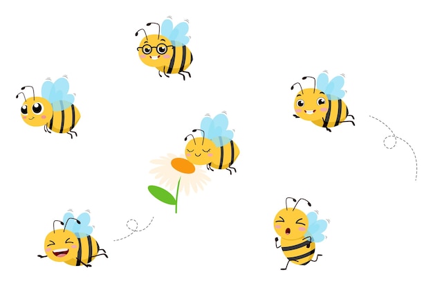 Conjunto de dibujos animados de abejas con diferentes expresiones