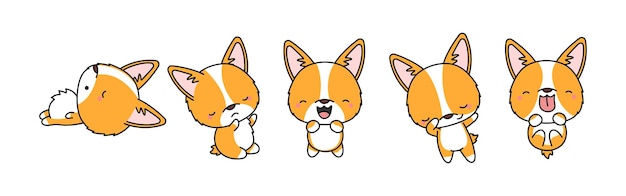 Conjunto de dibujos animados aislados corgi galés conjunto de lindo corgi kawaii en divertido estilo de dibujos animados