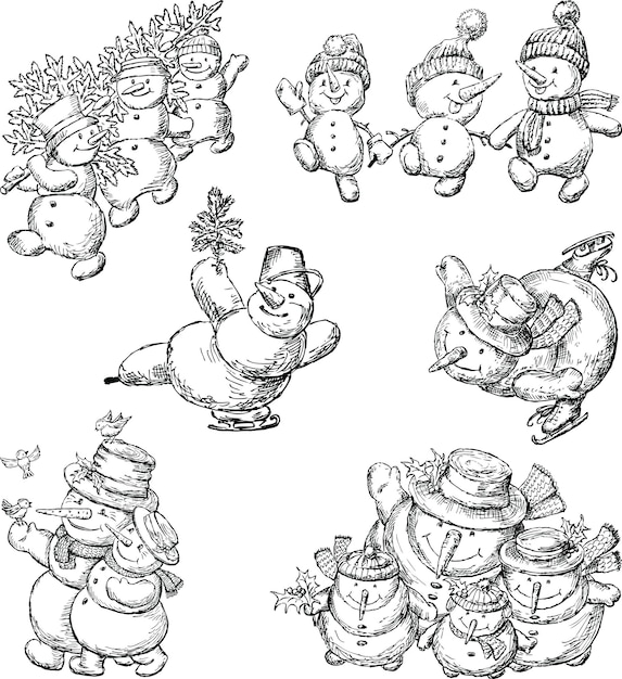 Conjunto de dibujos animados alegres muñecos de nieve